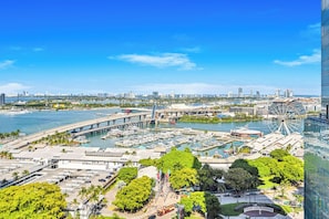 A marina with boats, a Ferris wheel, and a bridge. - High Rise Ocean View Downtown Miami (Miami)