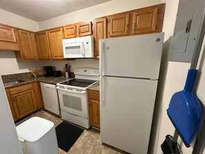 A compact kitchen with wooden cabinets, a microwave, stove, and refrigerator. - Downtown 2 Bedrooms: Walk to Everything (Greensboro)