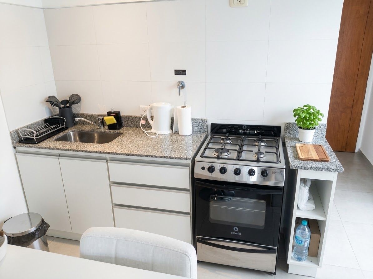 Une cuisine de taille réduite équipée d’une cuisinière à gaz, d’un four et d’un évier.