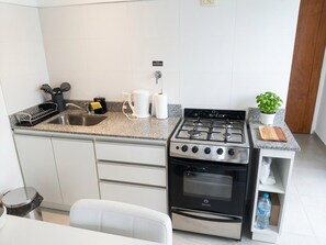 A compact kitchen with a gas stove, oven, and a sink.