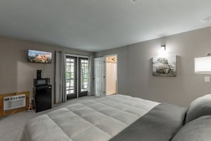 Een slaapkamer met een bed, een televisie, een verwarming en een deur naar een buitenruimte.
