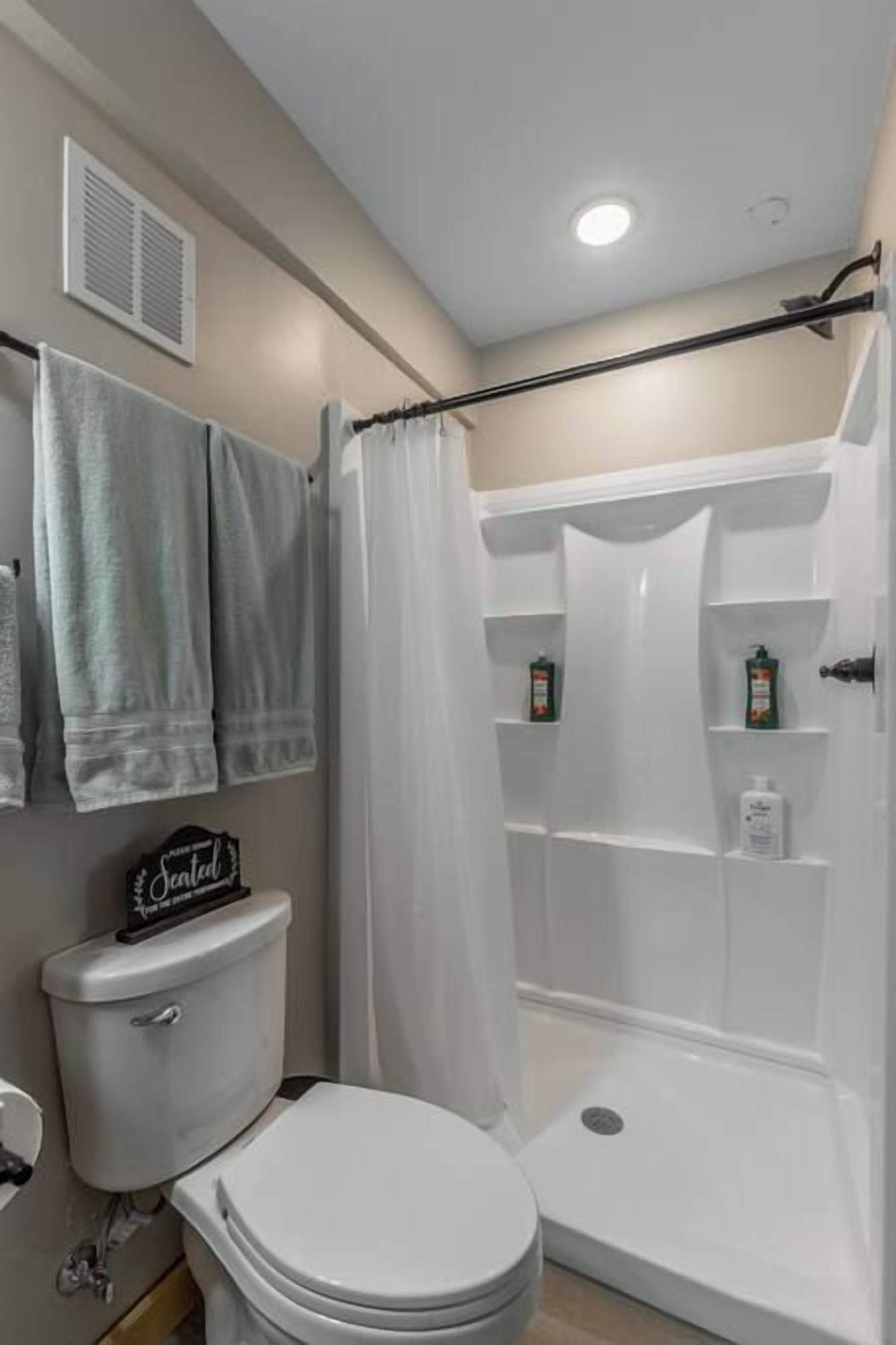 A bathroom with a toilet, shower, and a shelf with toiletries.