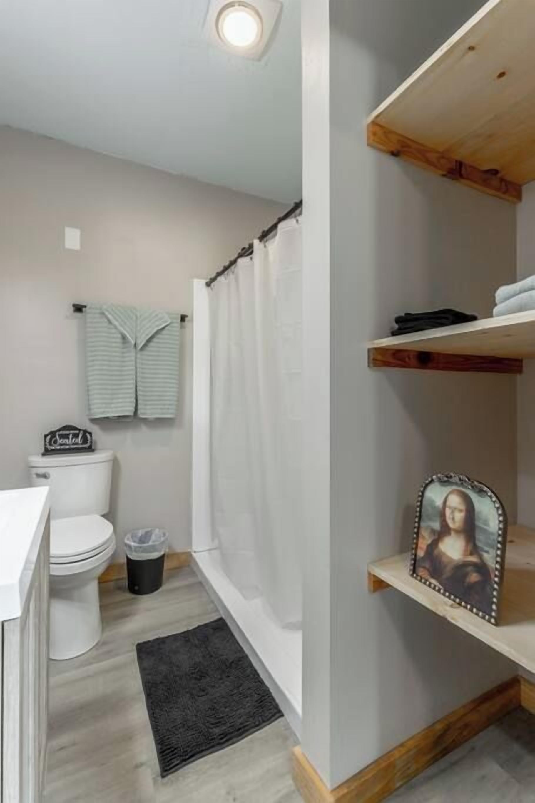 A bathroom with a shower, toilet, and a shelf with a picture frame.