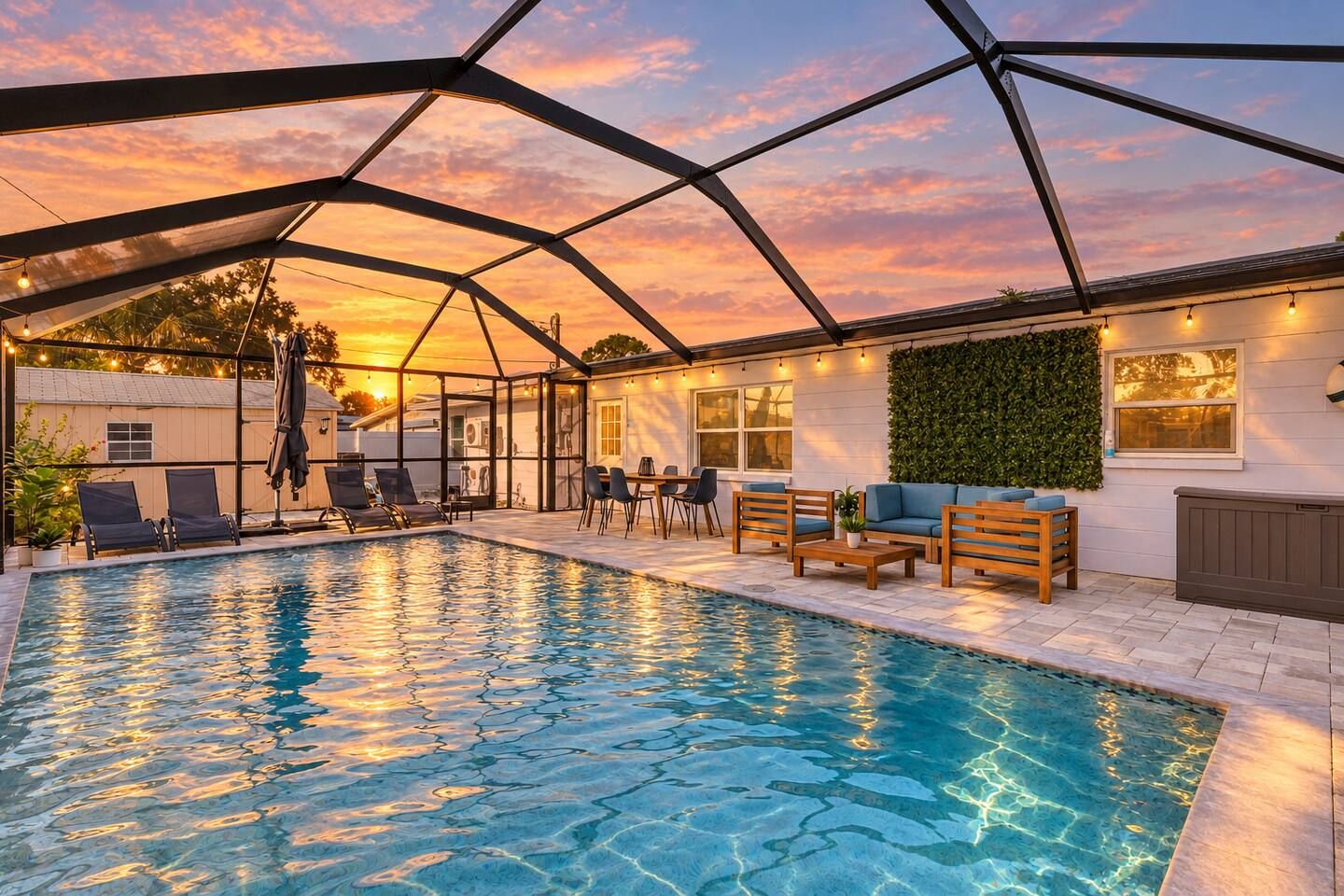 A covered outdoor swimming pool with lounge chairs and a table, surrounded by a white building with a green wall and windows.