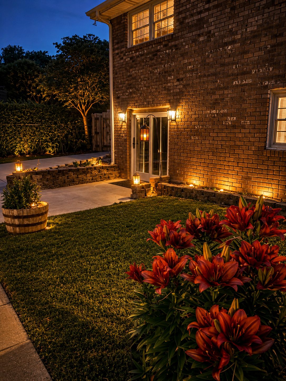 A brick house with a well-maintained lawn and red flowers in the foreground.
