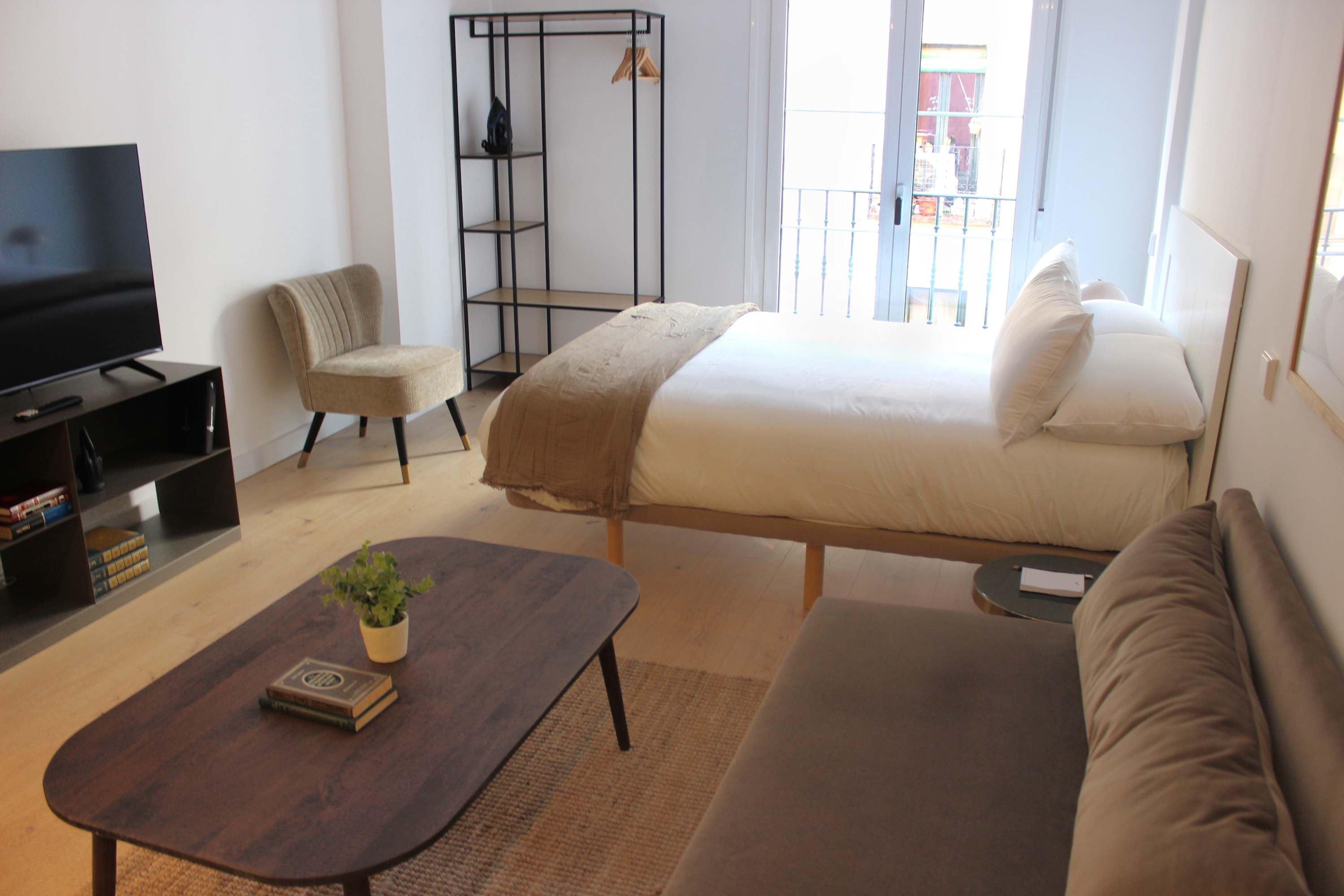 Ein modernes Schlafzimmer mit Bett, Sofa, Fernseher, Bücherregal und einem kleinen Tisch mit Pflanze.
