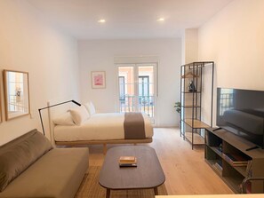 Una sala moderna con cama, sofá, televisor y estantería.