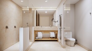 Un bagno moderno con cabina doccia in vetro, mobile lavabo in legno e water.