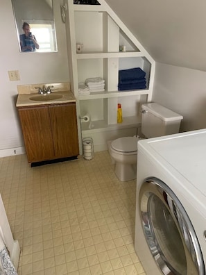 A compact bathroom with a sink, toilet, and washing machine. - Cozy 1-bedroom apartment in peaceful Wilton (Wilton)