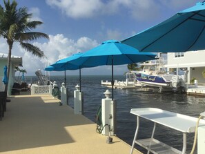 A marina with boats docked, a waterway, and a lounge area with umbrellas. - Canal Front, Ocean View, Ice Machine, 60' Prime Dockage! (Marathon)