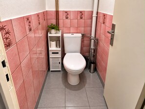 A compact bathroom with a toilet, a shelf with toiletries, and a potted plant. - aroma house (Tulle)