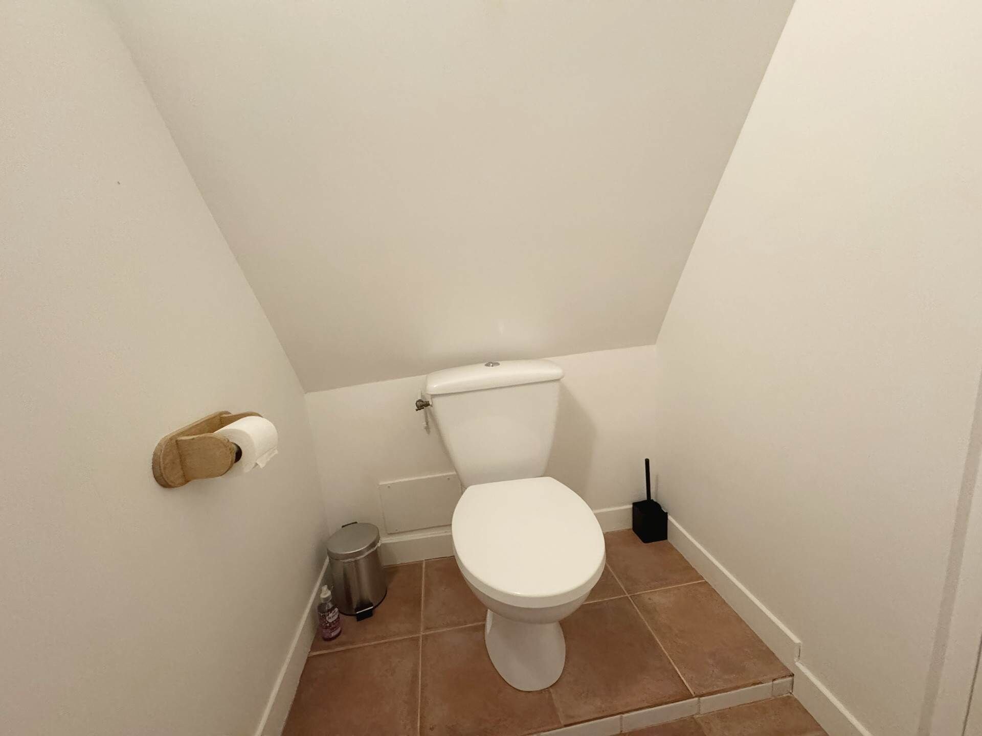 Een kleine, witte badkamer met een wit toilet, een toiletrolhouder, een prullenbak en een zwart schoonmaakmiddel.