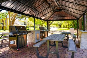 Un patio cubierto al aire libre con dos parrillas para barbacoa, mesas de picnic y piso de ladrillo.