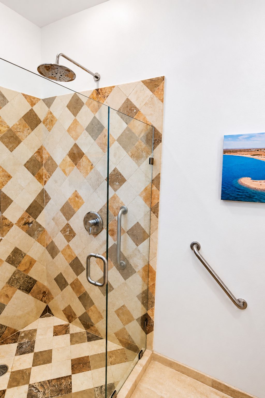 Chuveiro com porta de vidro, barra de apoio e quadro pendurado na parede.