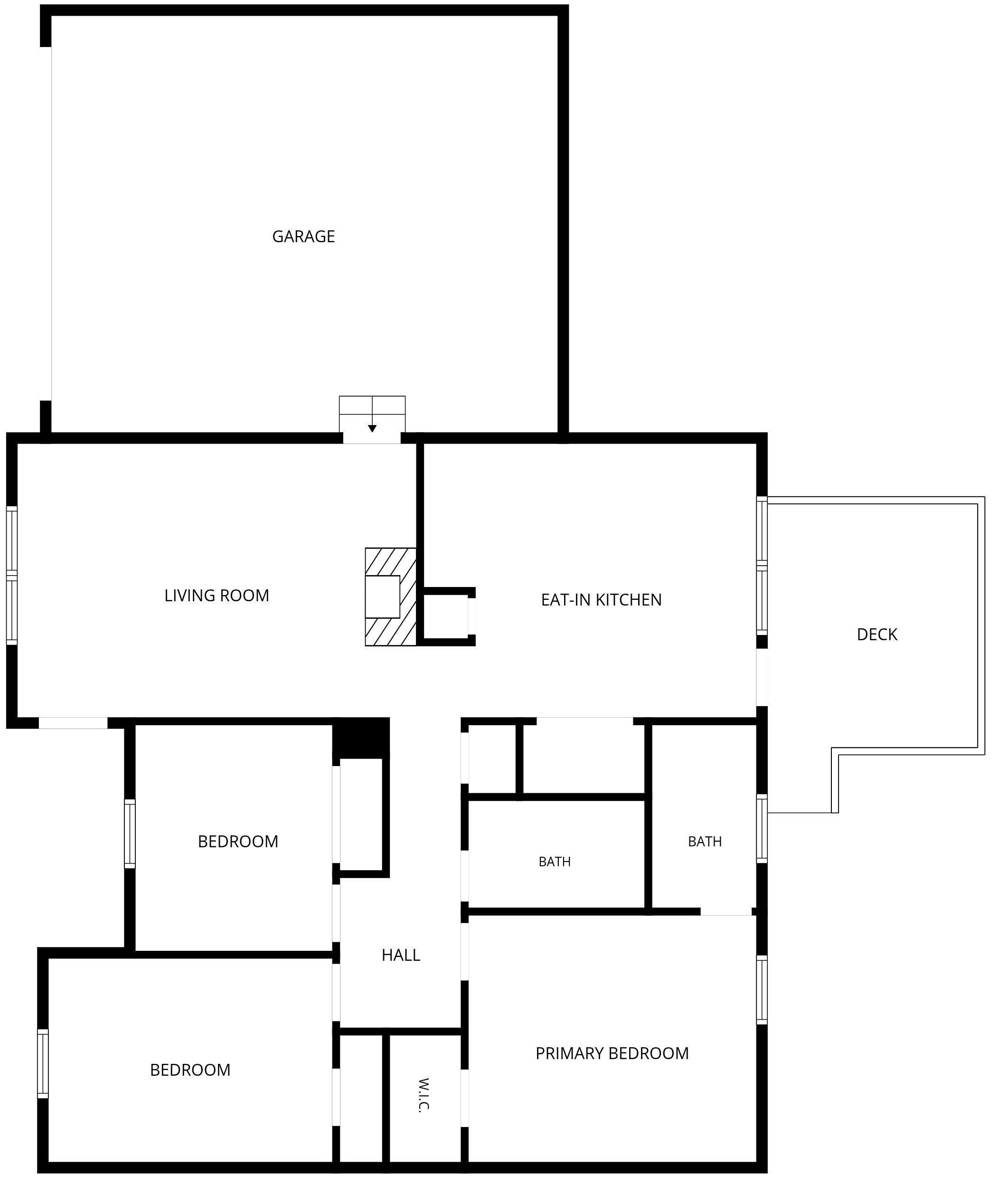 A floor plan with a garage, living room, eat-in kitchen, deck, two bedrooms, two bathrooms, and a hall.