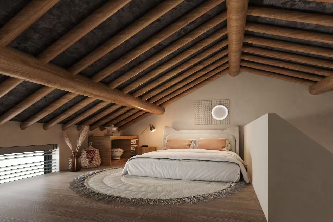 Un dormitorio con techo inclinado, una cama con alfombra circular y una mesita de noche con lámpara.