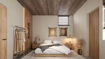 Un dormitorio con cama, mesitas de noche, un armario, perchero y ventana.
