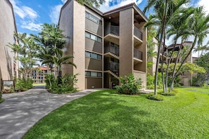 A multi-story building with balconies, surrounded by well-maintained grass and palm trees. - Oceanfront Ground-Floor Condo, Papakea Maui (Lahaina)