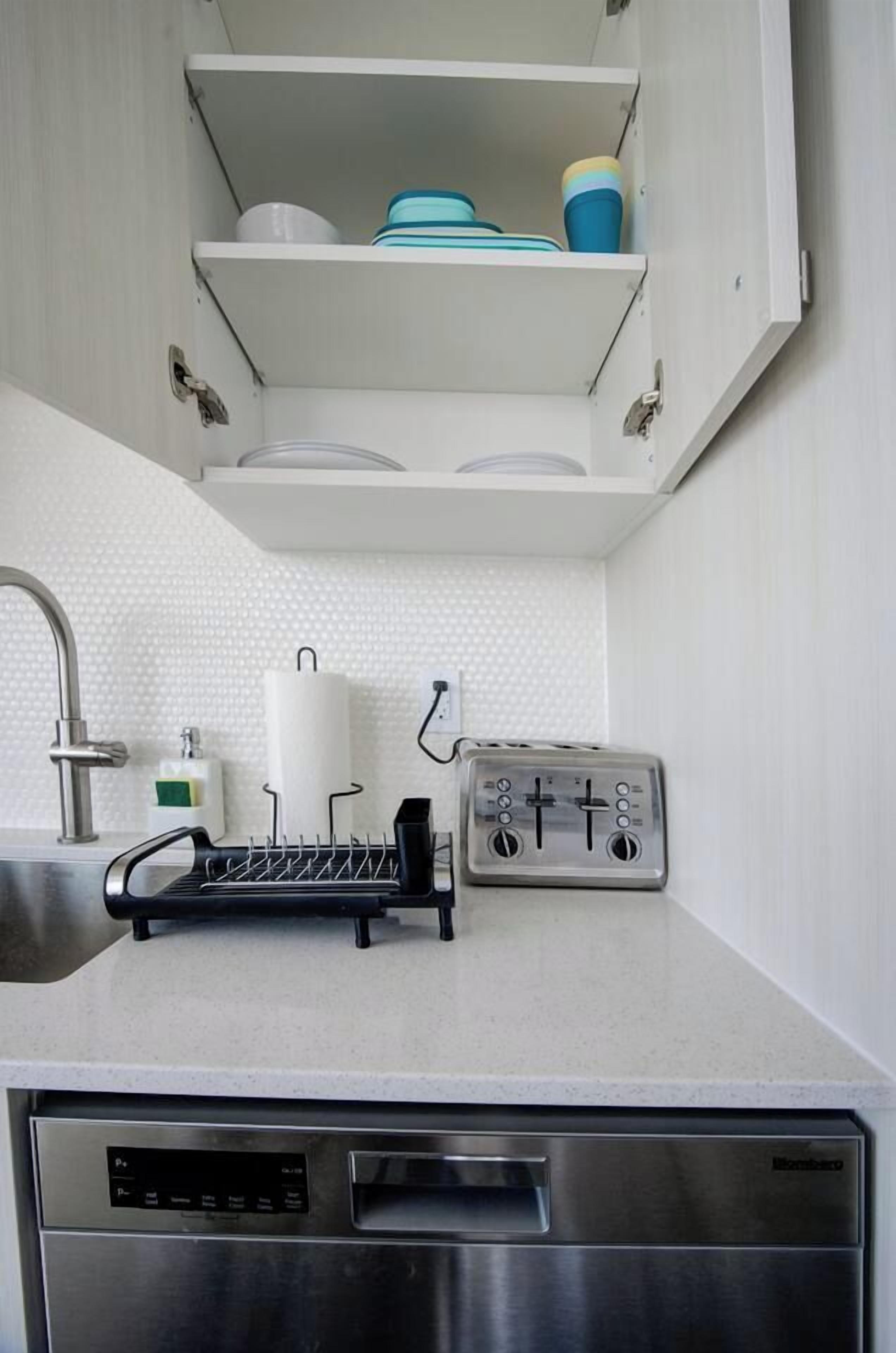 A kitchen with a dishwasher, a sink, and a dish rack.