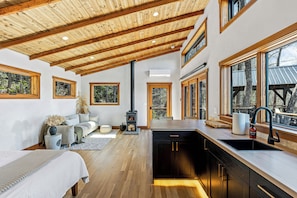 A modern interior with a wooden ceiling, large windows, a kitchen with a black stove, and a seating area with a sofa and decorative plants. - Outdoor movies w Hot Tub, Fire Pit, Mtn Views (Penrose)