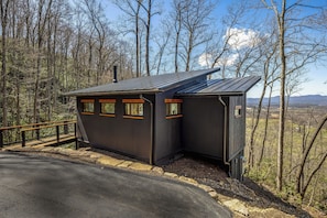 A small cabin with a metal roof, positioned at the edge of a forest with a clear view of the surrounding landscape. - Outdoor movies w Hot Tub, Fire Pit, Mtn Views (Penrose)
