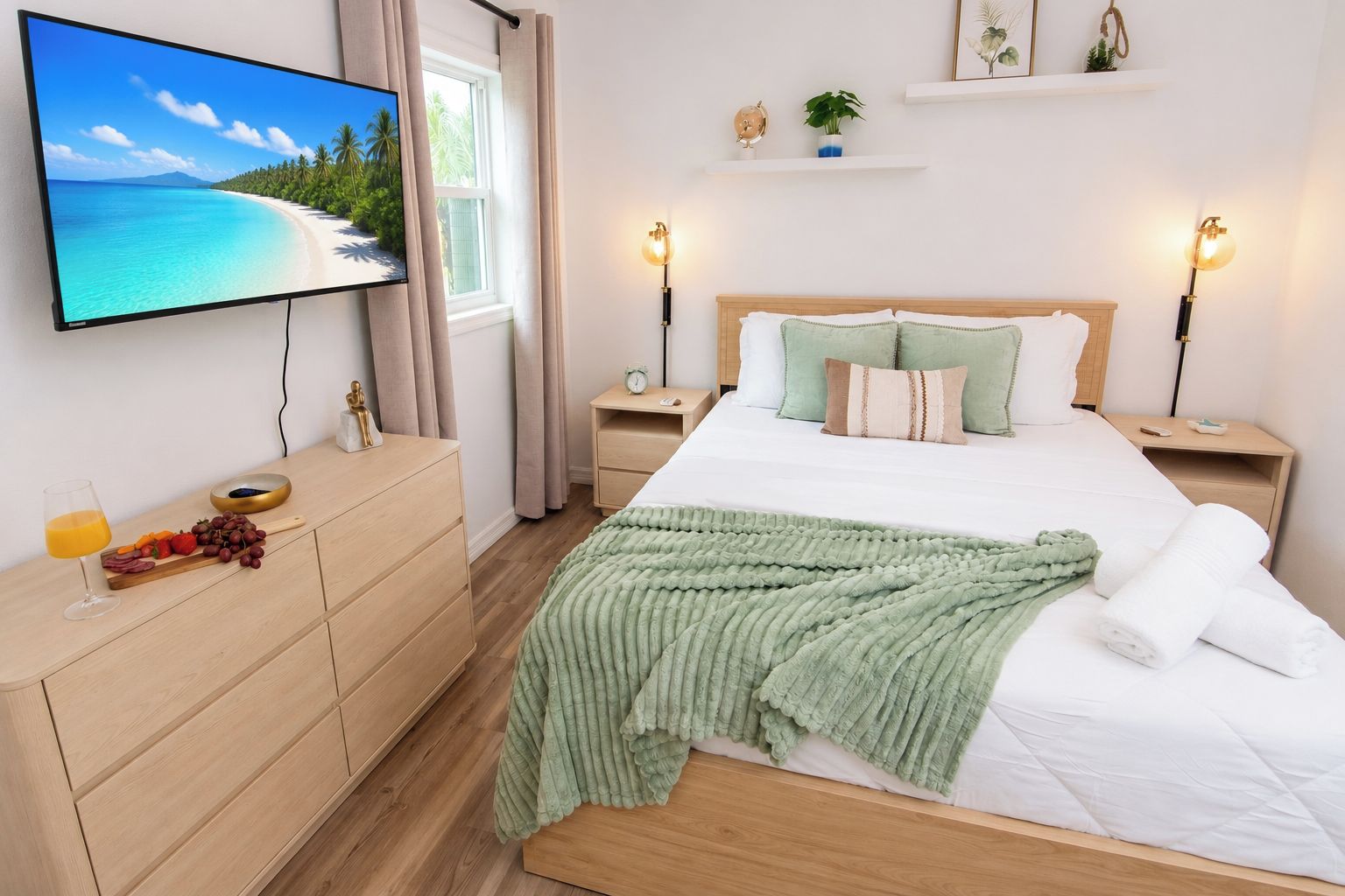 Una habitación de hotel con cama, mesitas de noche, televisor y ventana con cortinas.