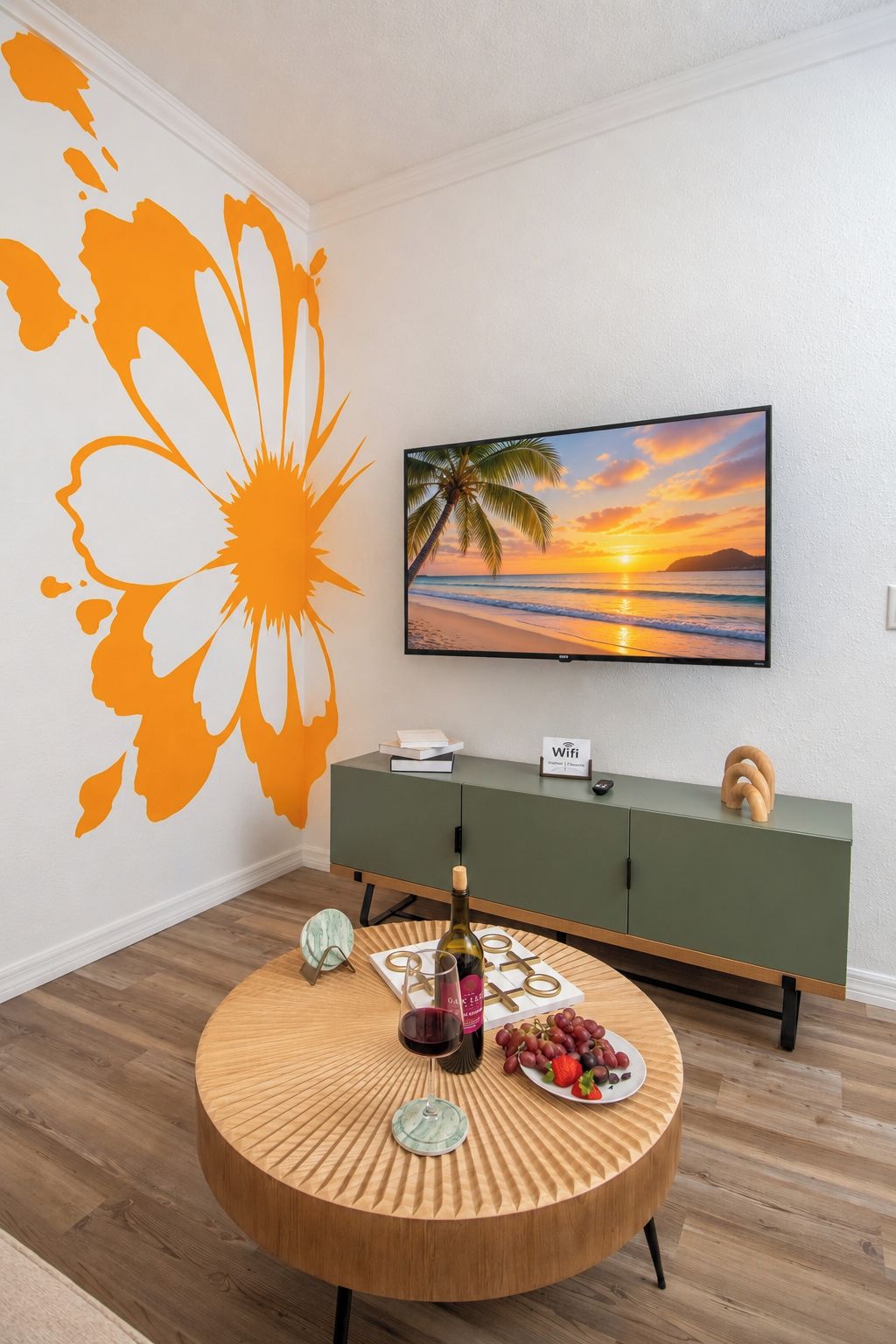 A room with a round wooden coffee table, a television on the wall, a green cabinet, and a wall decal of a sun and flower.
