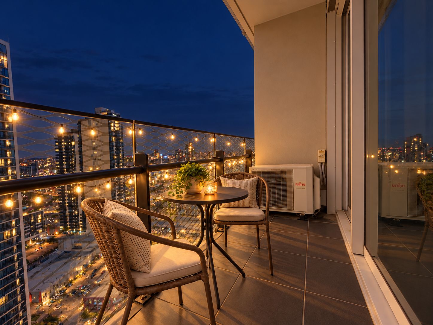 A balcony with wicker chairs, a small table with a plant, and an air conditioning unit.