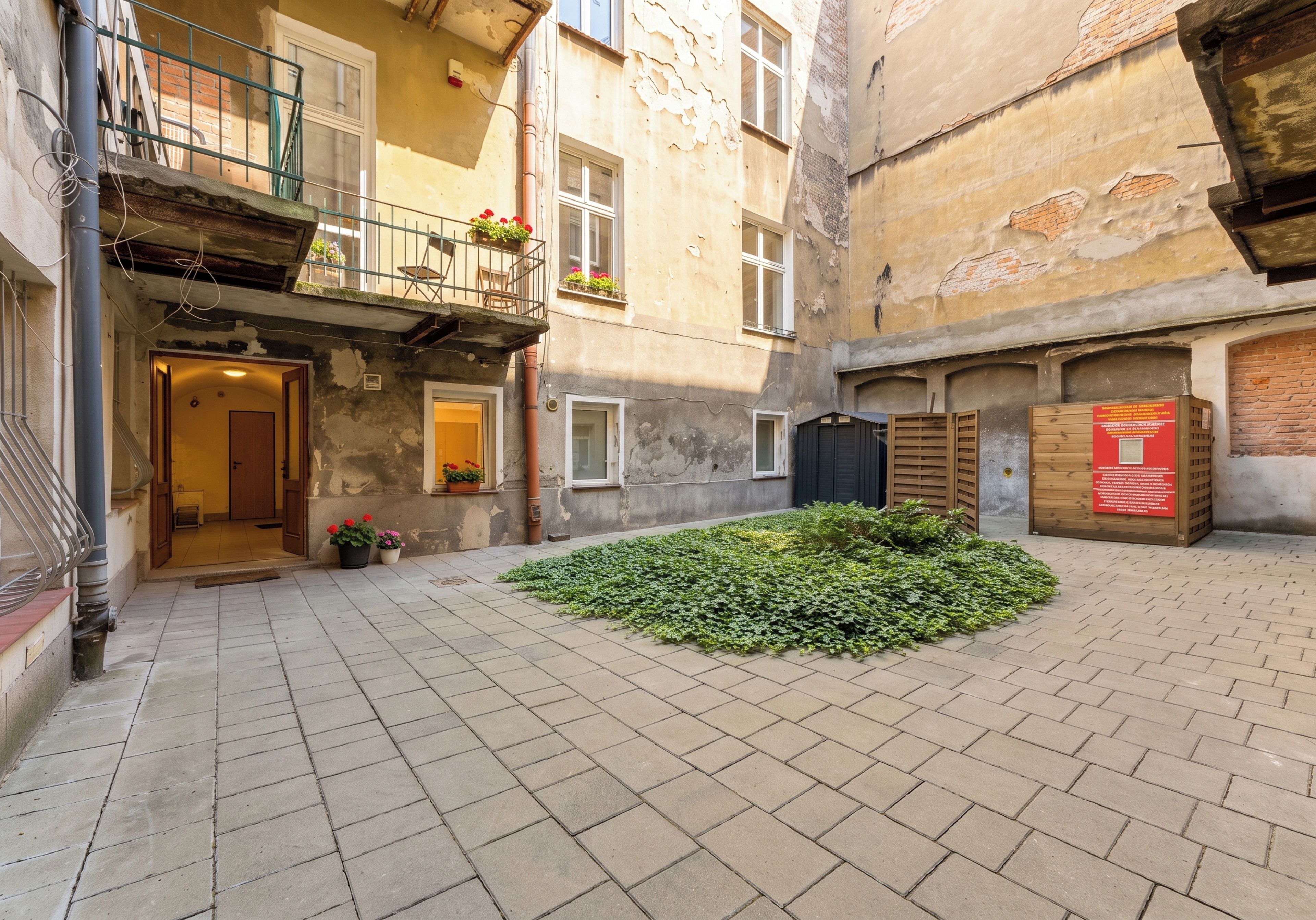 A courtyard with a paved floor, a small garden area with green plants, and a building with a wooden door and windows.