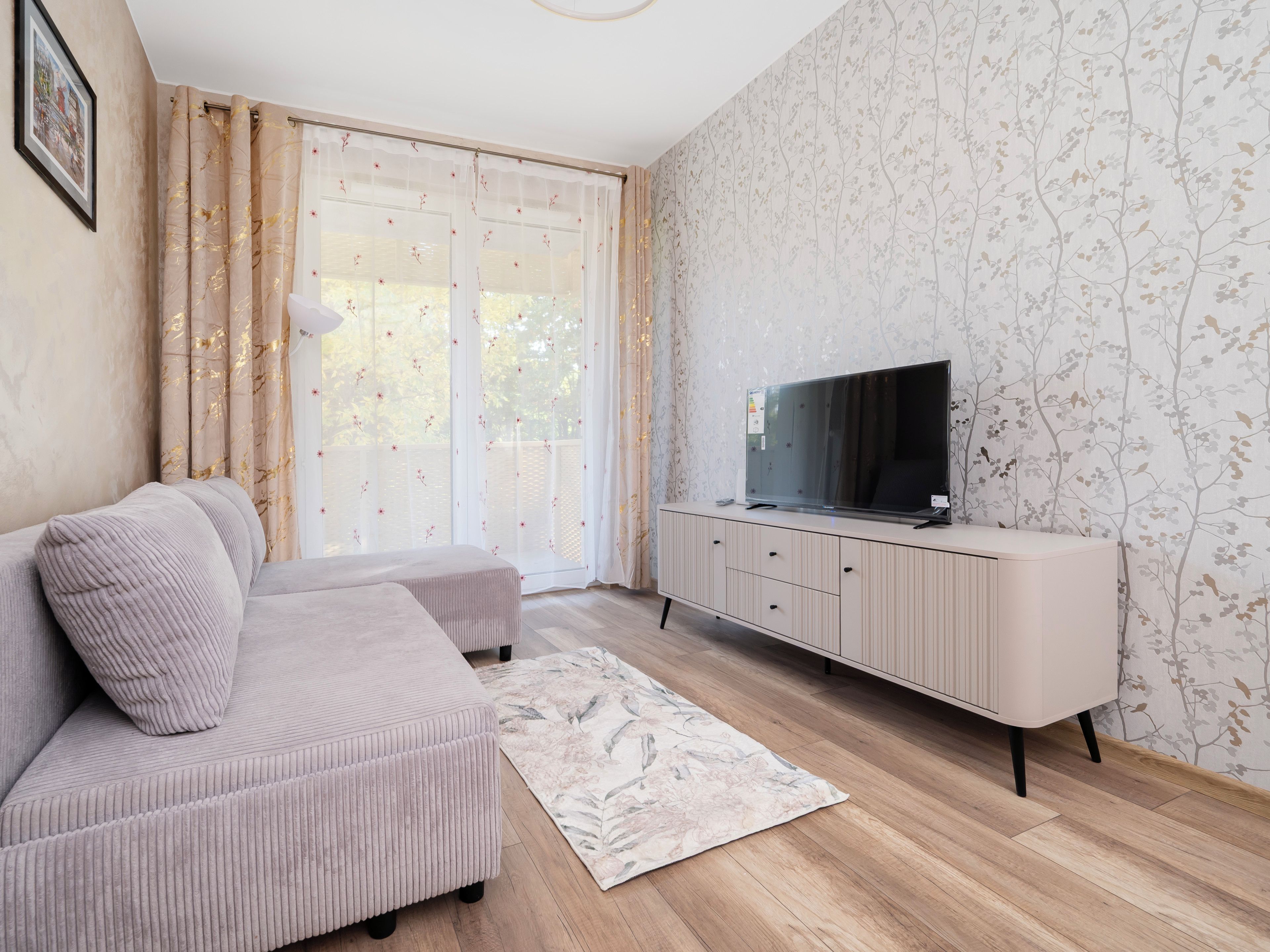 Una sala de estar con un sofá, un televisor de pantalla plana sobre un mueble bajo y una alfombra estampada.