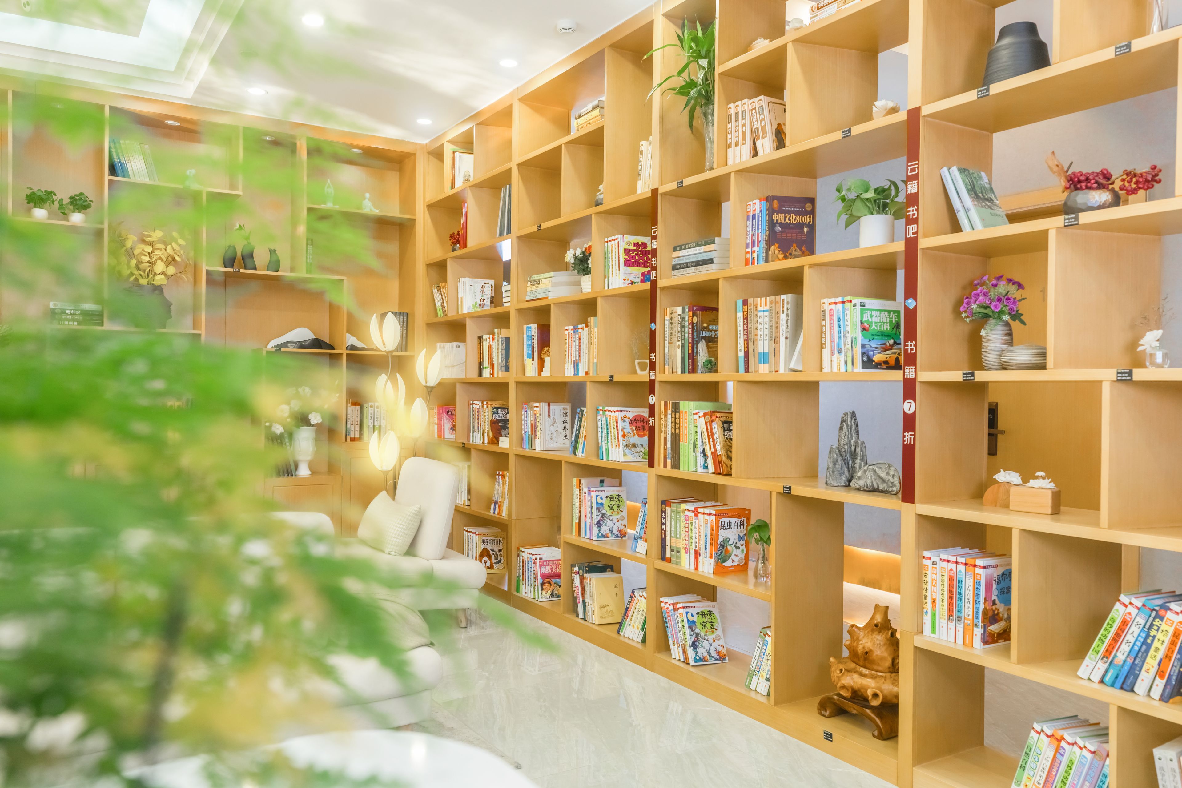 Una biblioteca con numerosas estanterías de madera llenas de libros y objetos decorativos.