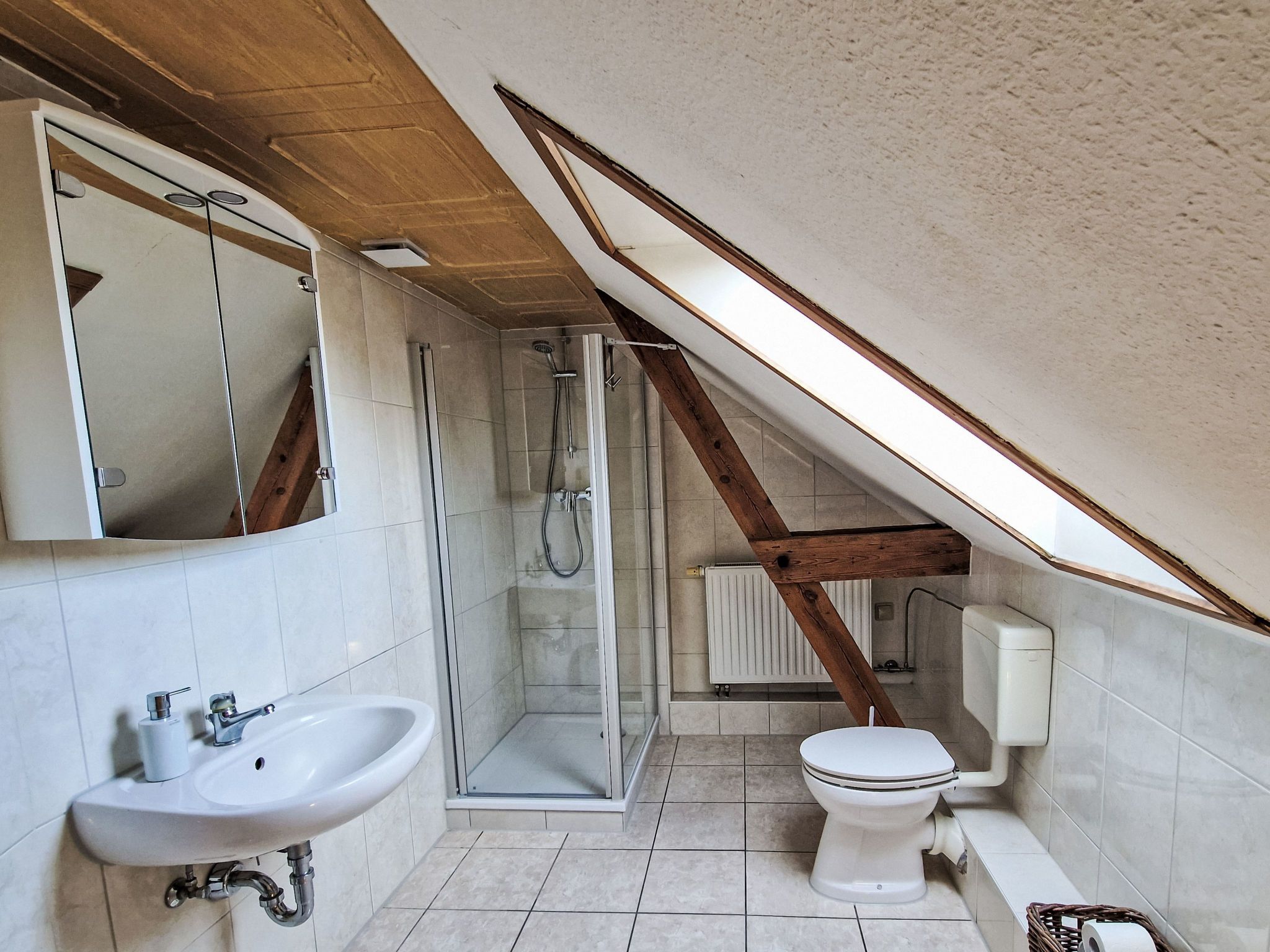 Ein modernes Badezimmer mit Dusche, Toilette und Waschbecken.