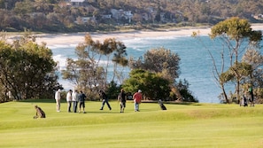 A golf course with a view of the ocean and houses in the background. - Mollymere Coastal Retreat in Mollymook Beach (Mollymook Beach)
