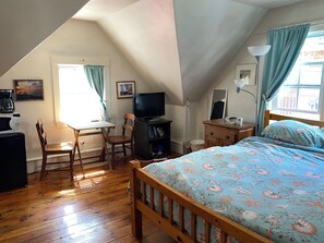Une pièce comprenant un lit, un bureau, une chaise, un téléviseur et une bibliothèque.