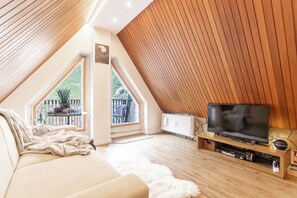 Ein gemütliches Schlafzimmer im Dachgeschoss mit großem Fenster, Fernseher und bequemen Bett.