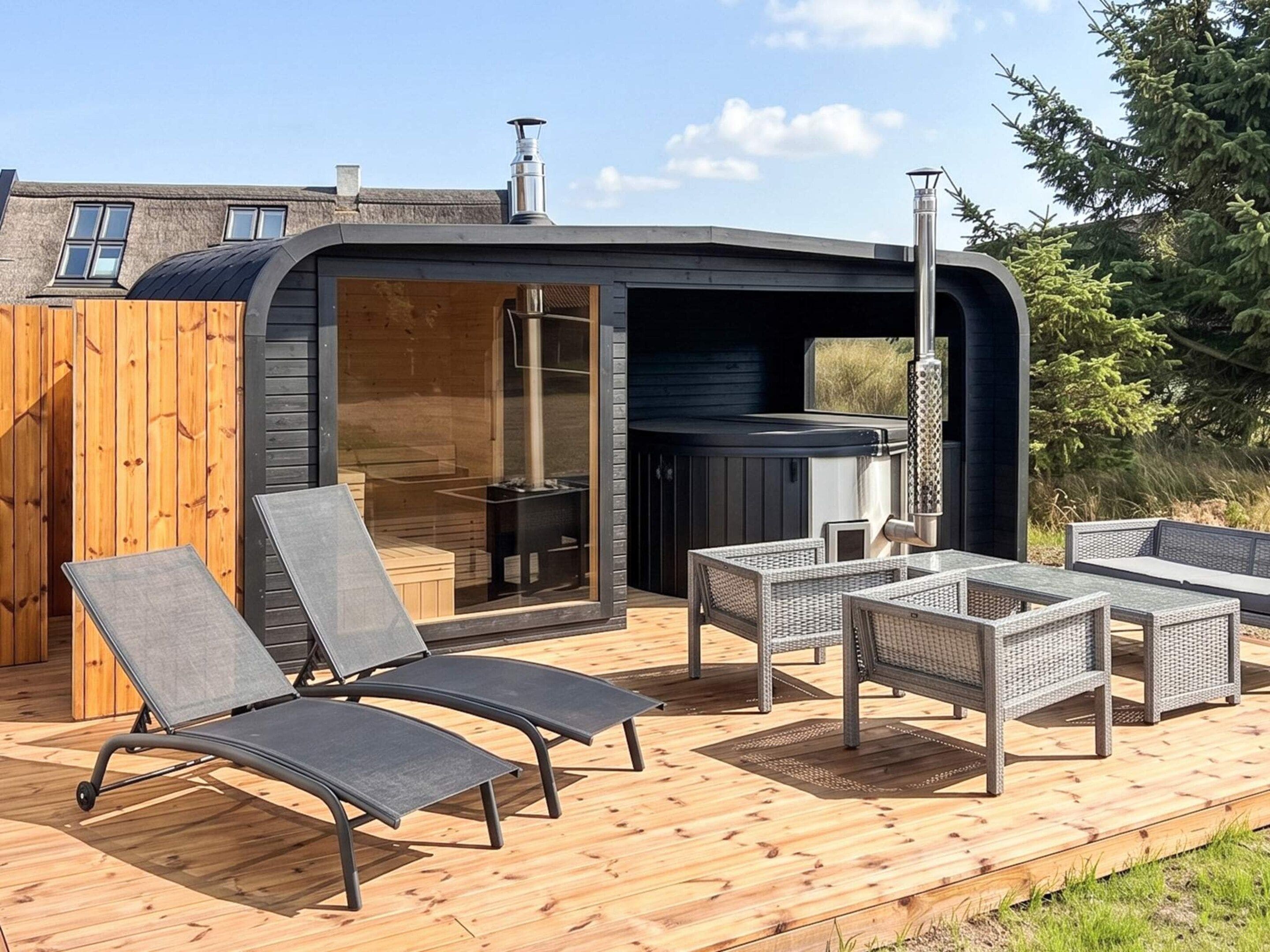 An outdoor deck with lounge chairs and a hot tub.