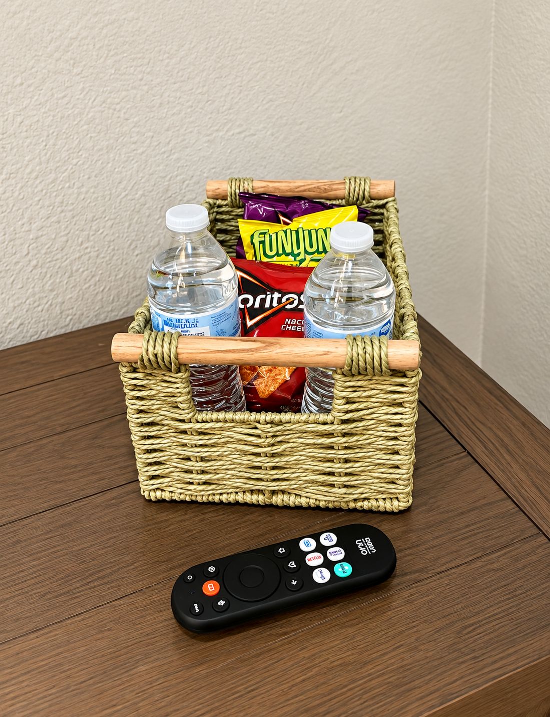 A wicker basket containing two bottles of water, a bag of FunJunk chips, and a bag of Doritos, with a remote control on a wooden table.