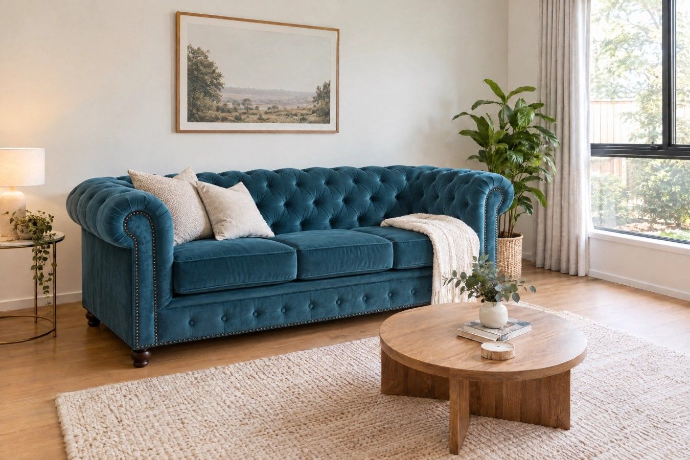 A living room with a blue sofa, a round wooden coffee table, and a large window with curtains.