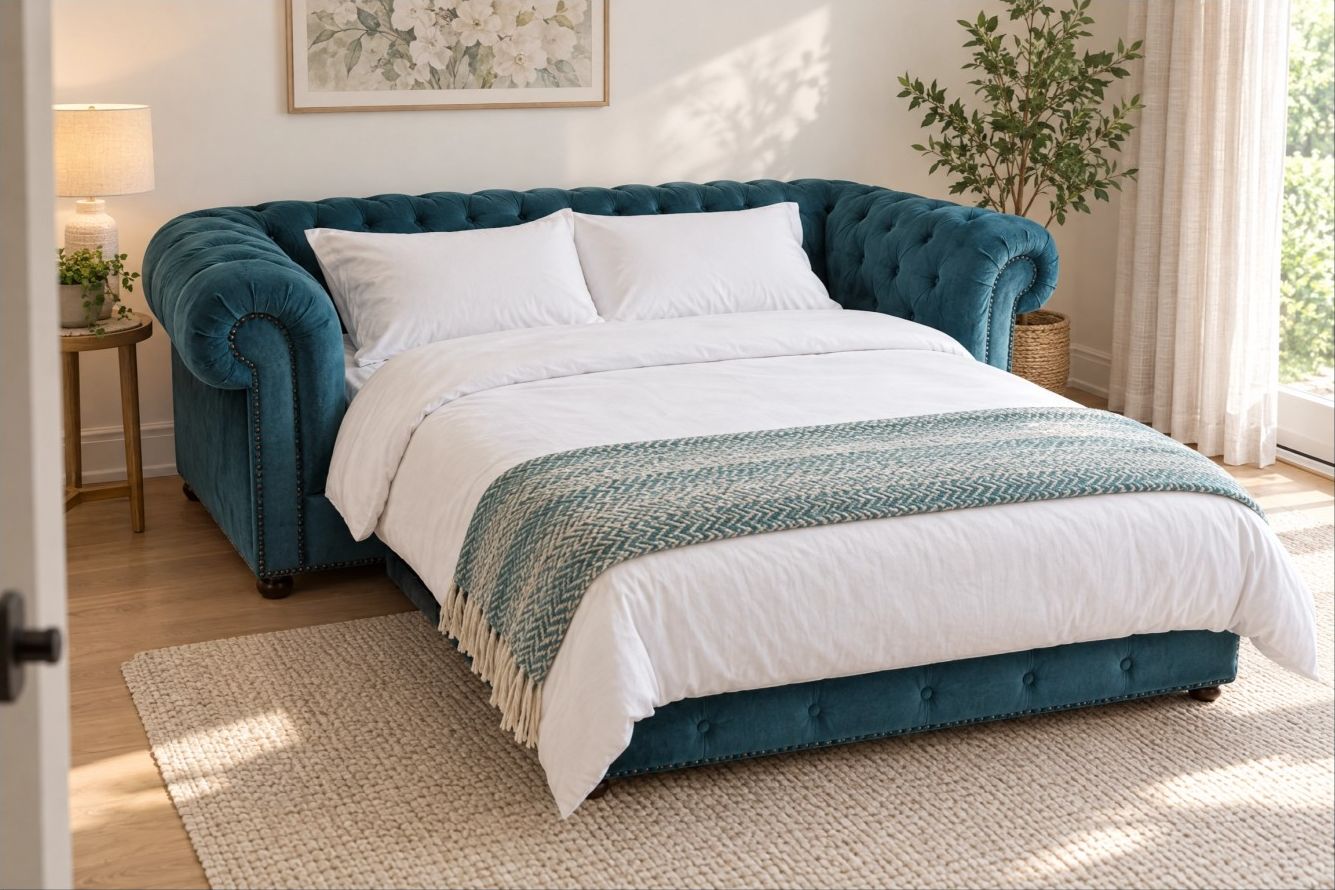 14-Flourish-Walk-bluish-teal-sofa-bed-made-up-Airbnb