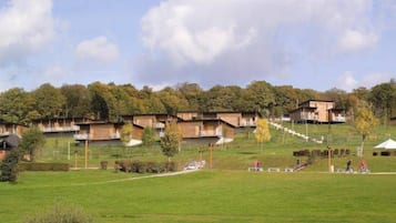Un quartier résidentiel composé de plusieurs maisons en bois, d’un champ herbeux et d’une colline plantée d’arbres.