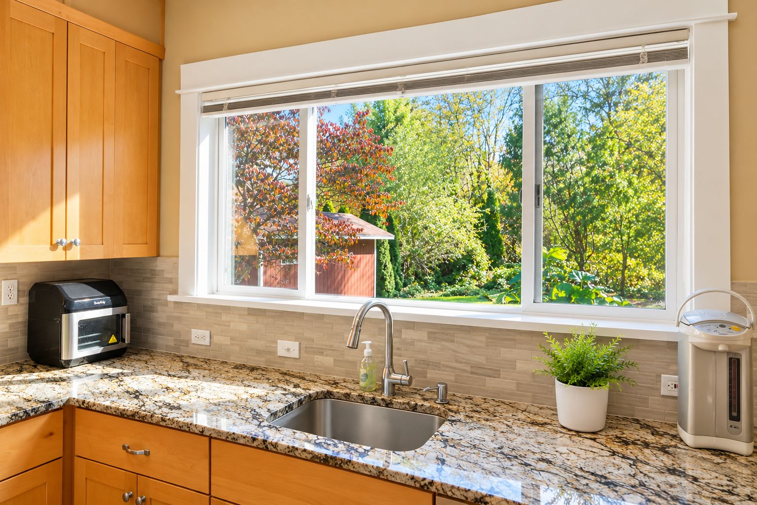 Una cocina con estufa integrada, un lavamanos y una ventana con vistas a un jardín.