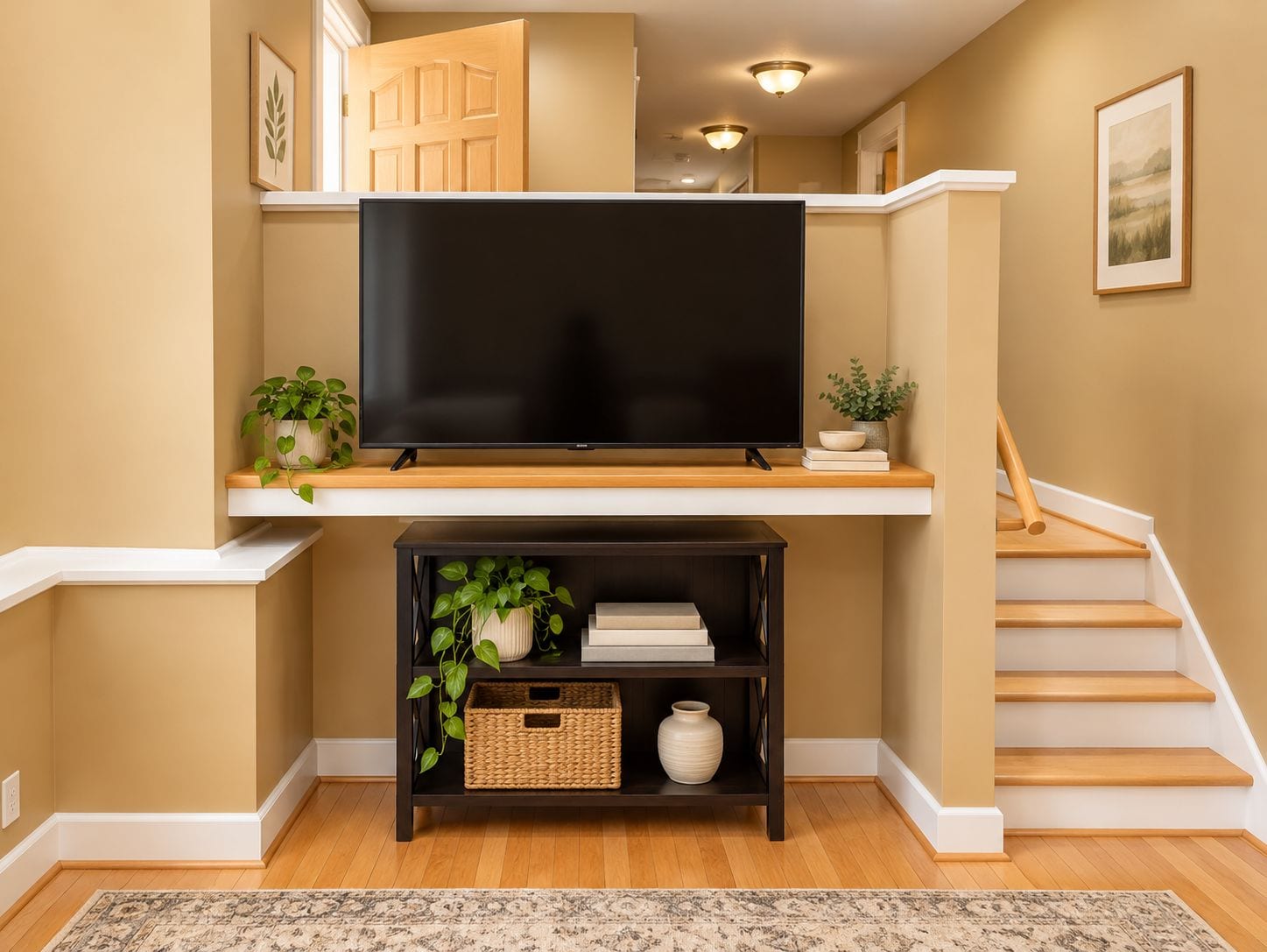 A living room with a flat-screen TV on a wooden shelf, a staircase, and a wall-mounted shelf with decorative items.
