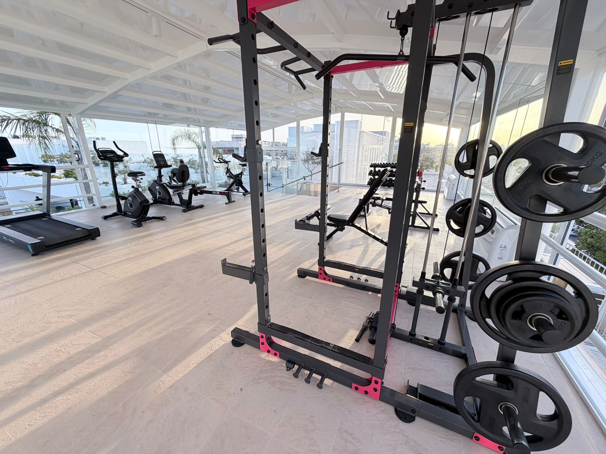Ett gym med konditionsmaskiner, utrustning för styrketräning och utsikt över staden.