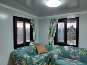 A room with two windows, a sofa with floral upholstery, and a ceiling light.
