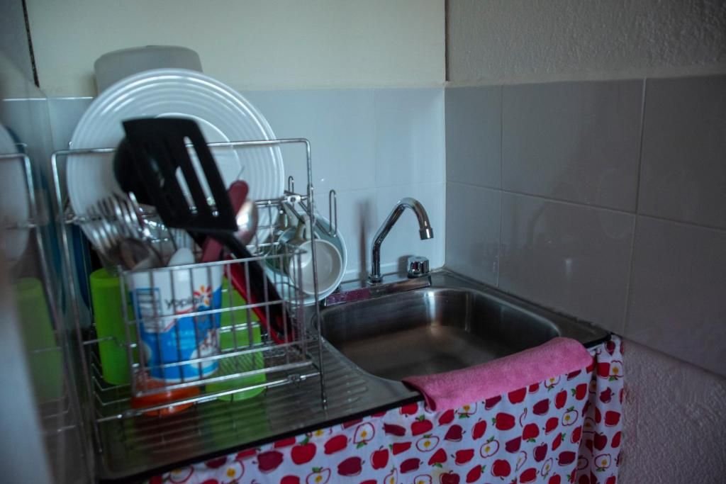 Una cocina con un escurreplatos, un fregadero y un paño estampado.