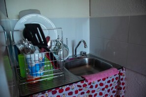 Una cocina con un escurreplatos, un fregadero y un paño estampado.