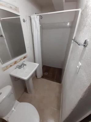 Un baño con inodoro, lavabo y ducha.