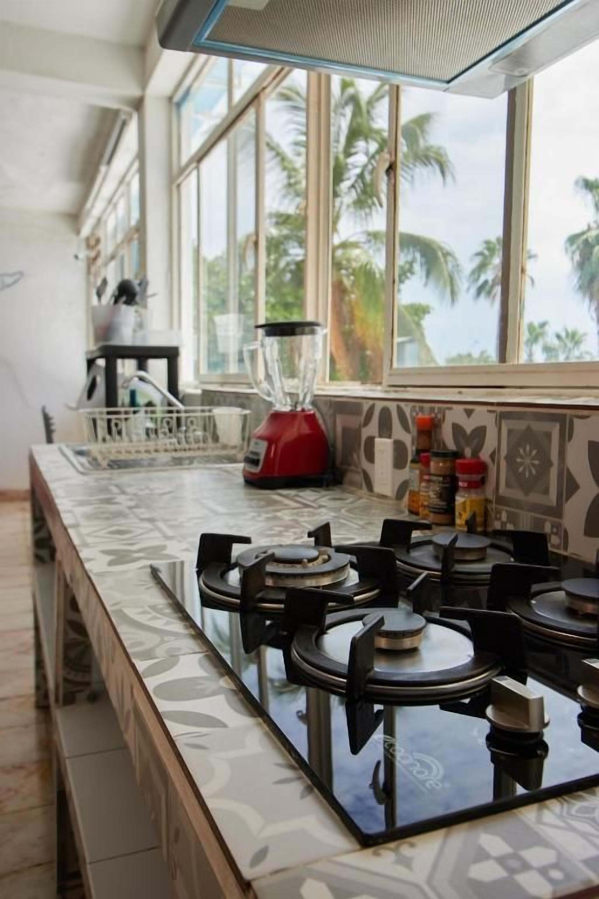 Una cocina con estufa a gas, licuadora y ventana con vista a palmeras.