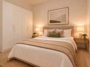 Ein Schlafzimmer mit Bett, Nachttischen, einer Lampe, einem gerahmten Bild an der Wand und einem Kleiderschrank.