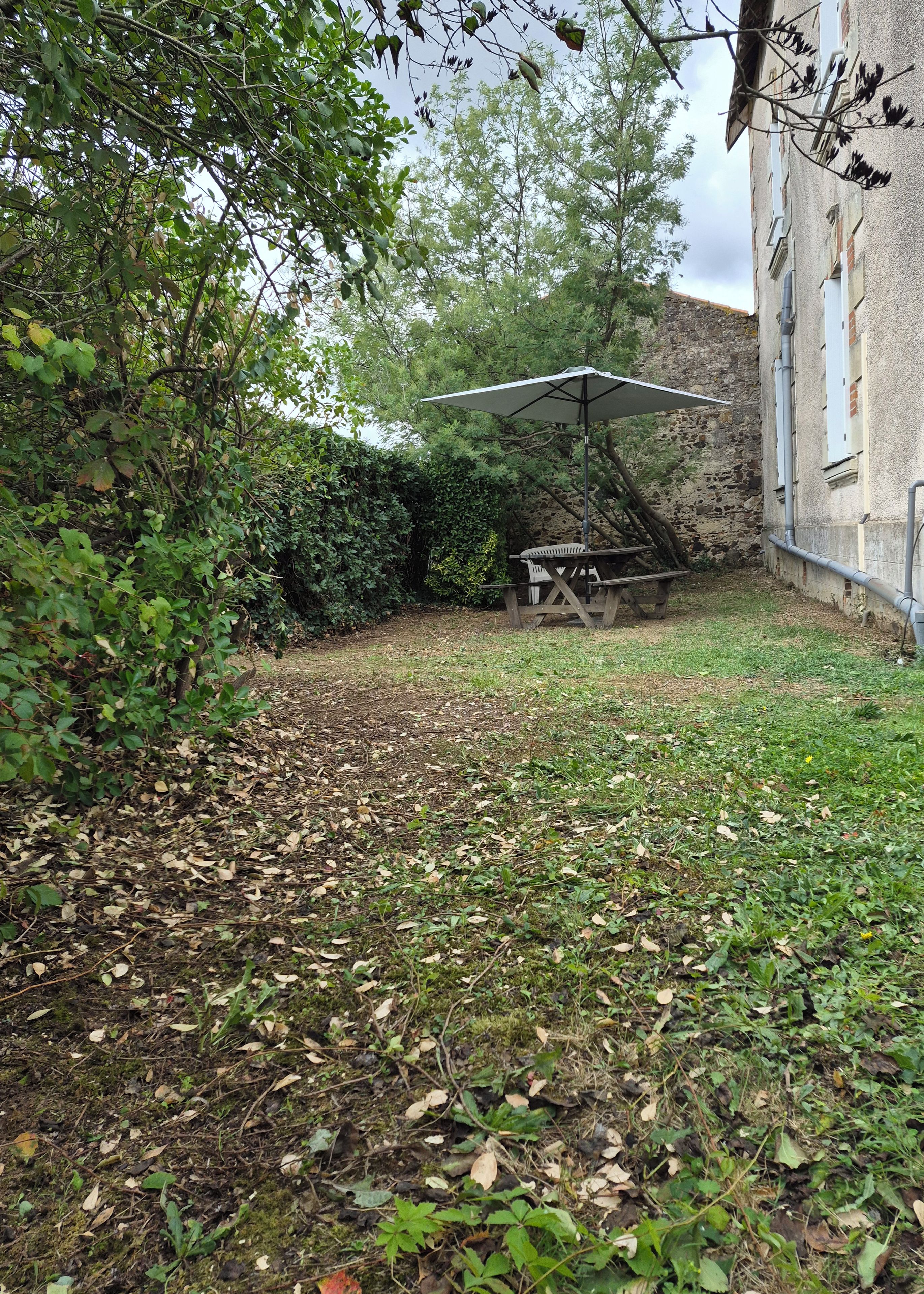 A garden with a picnic table and umbrella, surrounded by dense foliage and a stone wall.